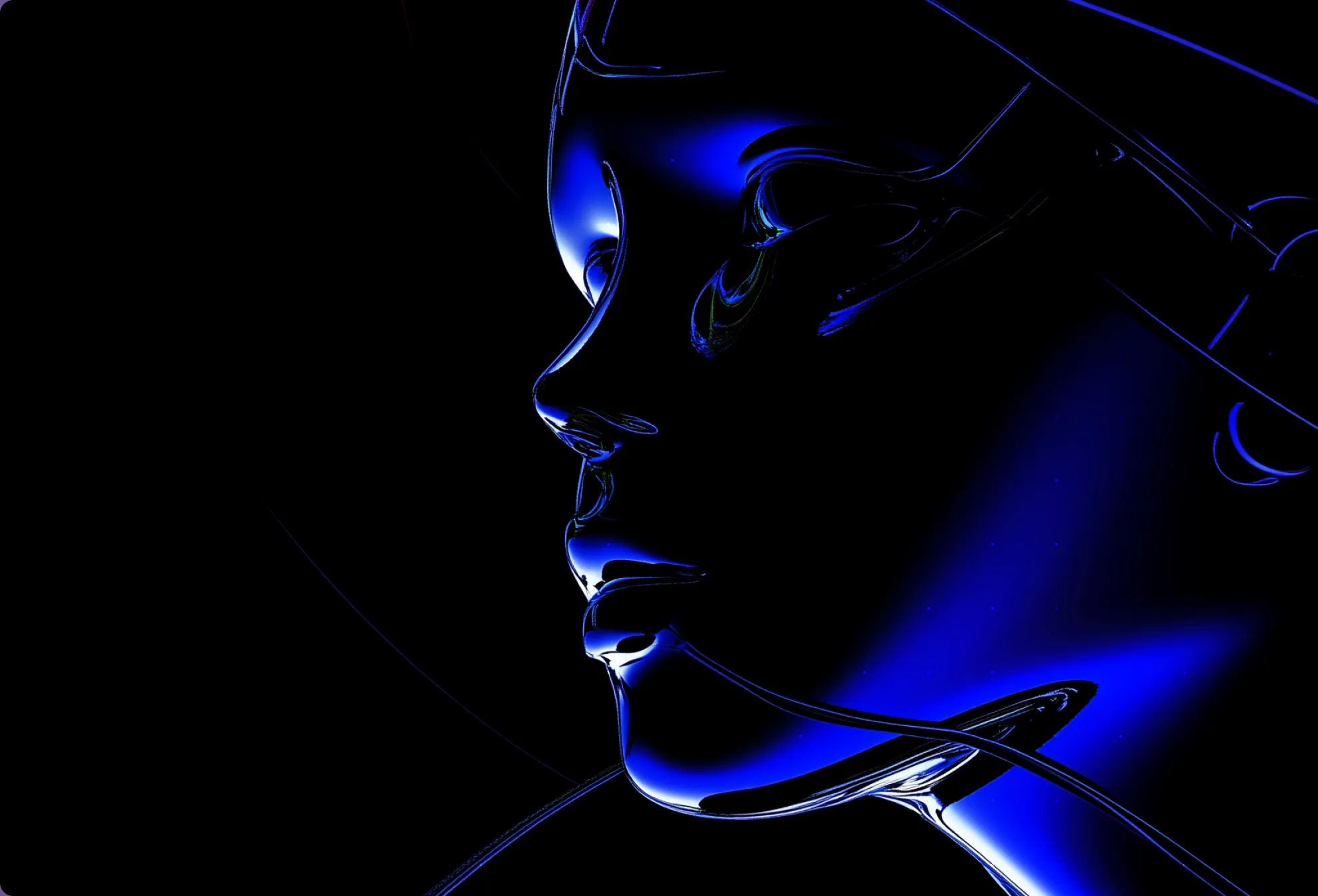Blue-lit reflective sculptural portrait
